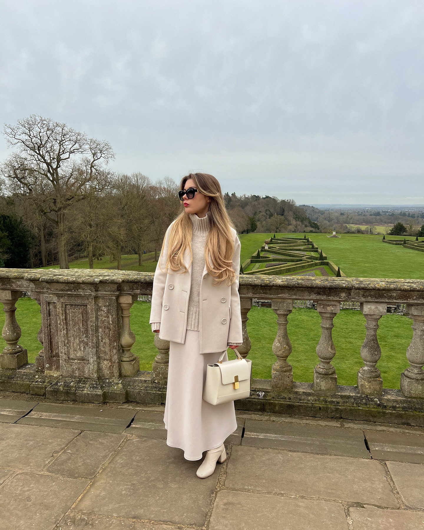 Monochromatic Beige Knit and Skirt Winter Ensemble