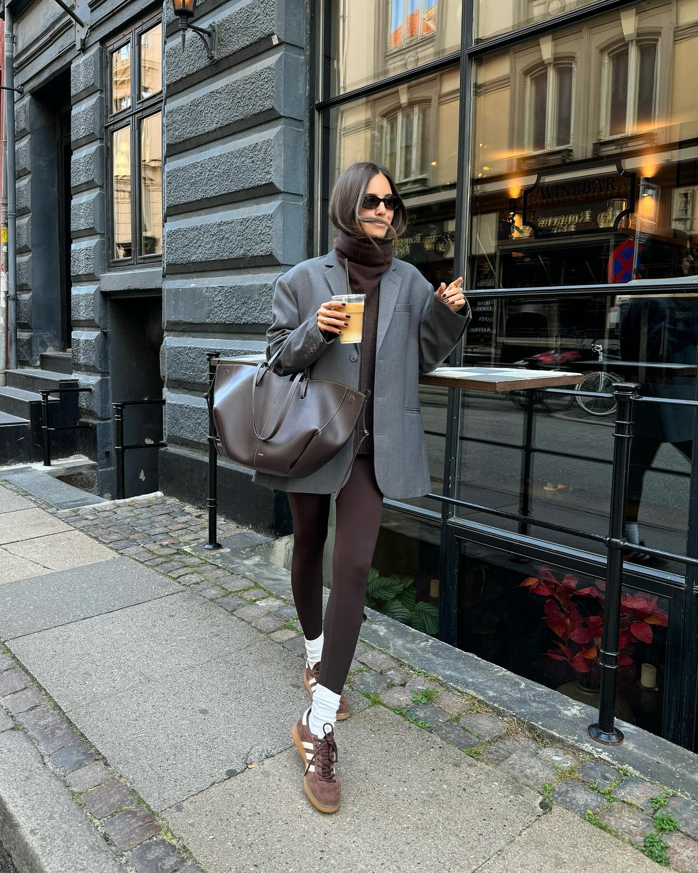 Monochromatic Brown Knit With Oversized Grey Blazer