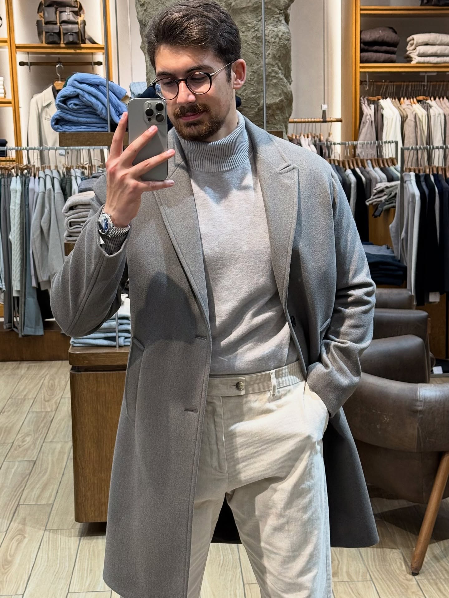 Monochromatic Grey Overcoat And Corduroy Winter Outfit