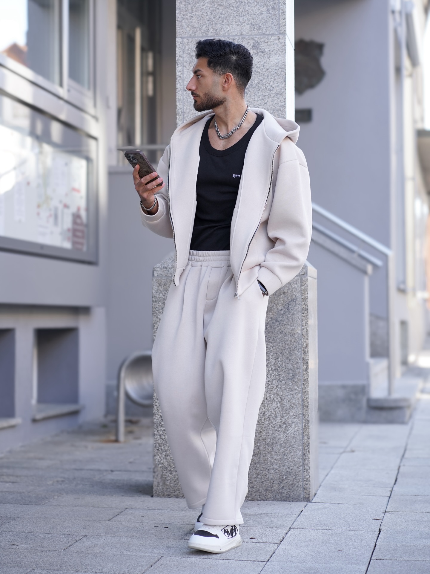 Monochrome Athleisure With Zip-Up Hoodie And Wide Leg Pants