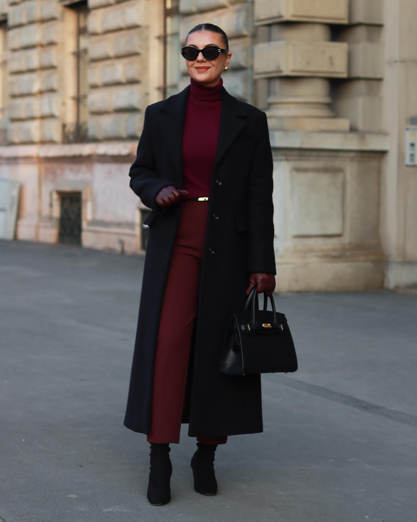 Monochrome Burgundy And Black Tall Coat Outfit