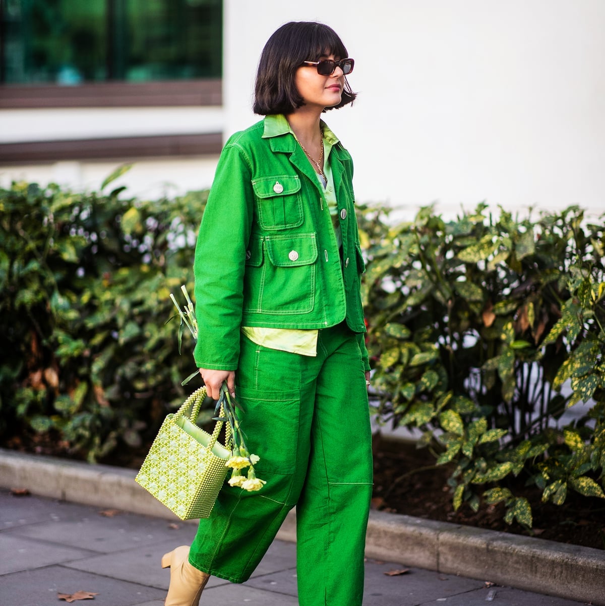 Green utility jacket over collared shirt and trousers Green utility jacket over collared shirt and trousers — Monochrome Outfits