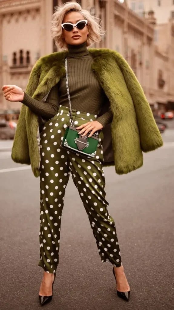 Olive green faux fur coat with satin trousers Olive green faux fur coat with satin trousers — Monochrome Outfits