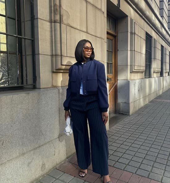 Navy pinstripe trousers and cropped bomber jacket Navy pinstripe trousers and cropped bomber jacket — Monochrome Outfits