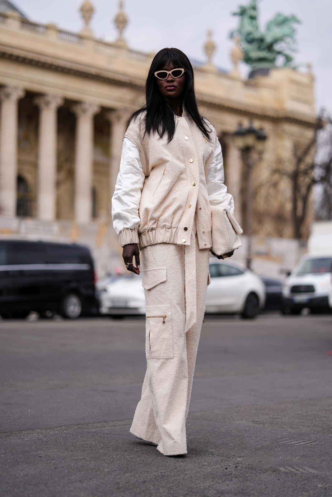 Cream bouclé bomber jacket with cargo pants Cream bouclé bomber jacket with cargo pants — Monochrome Outfits