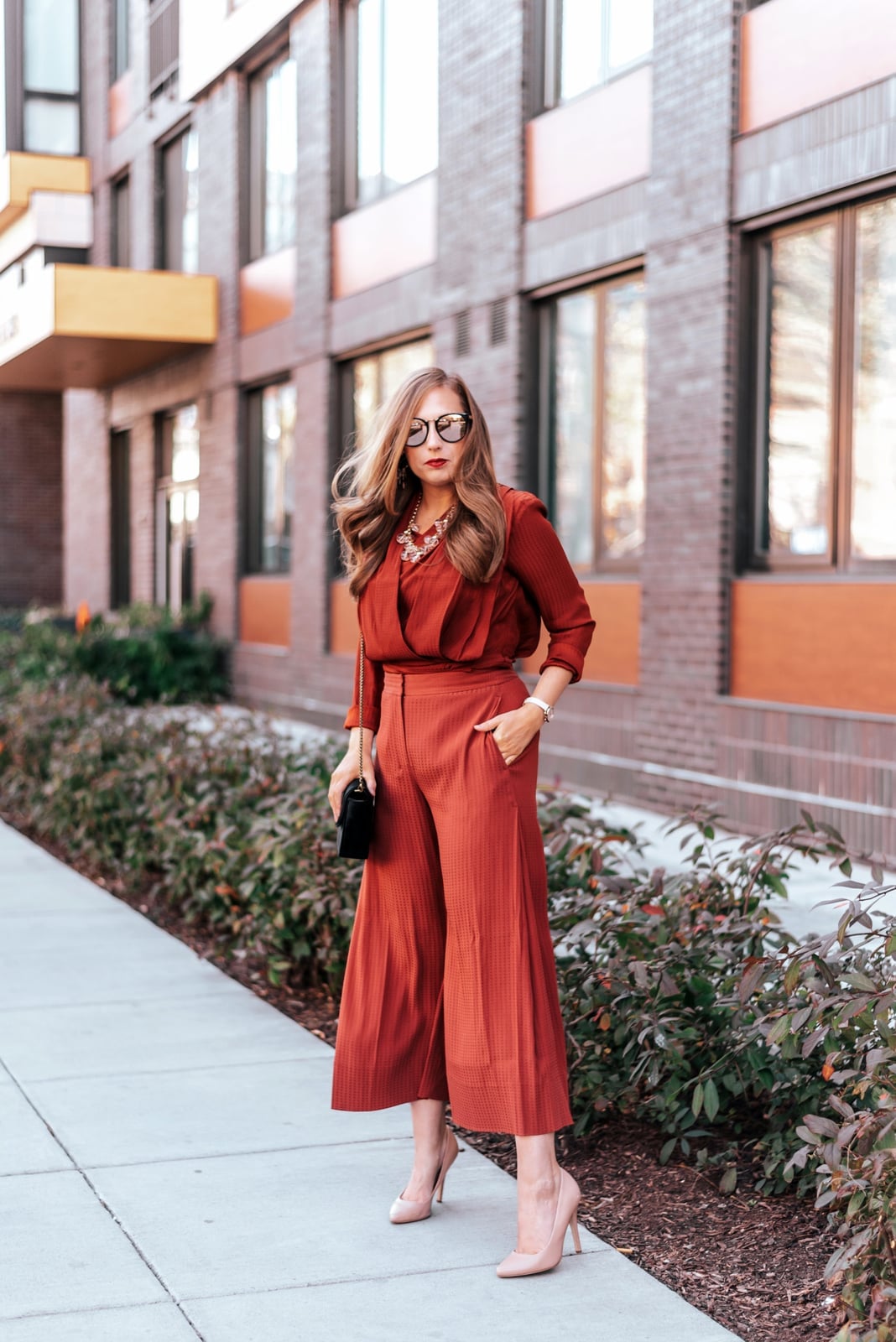Rust and terracotta culottes with wrap blouse Rust and terracotta culottes with wrap blouse — Monochrome Outfits