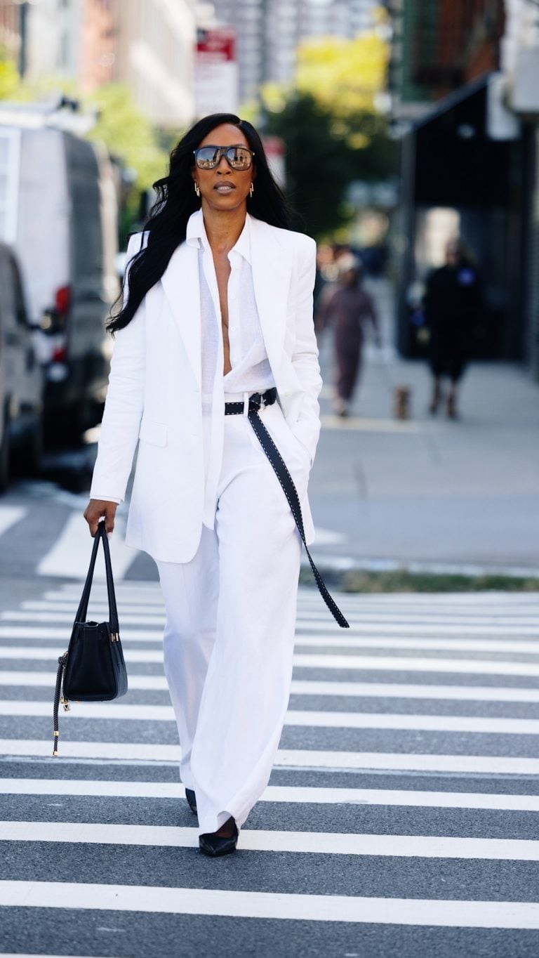 All white ensemble with oversized blazer and black accents All white ensemble with oversized blazer and black accents — Monochrome Outfits