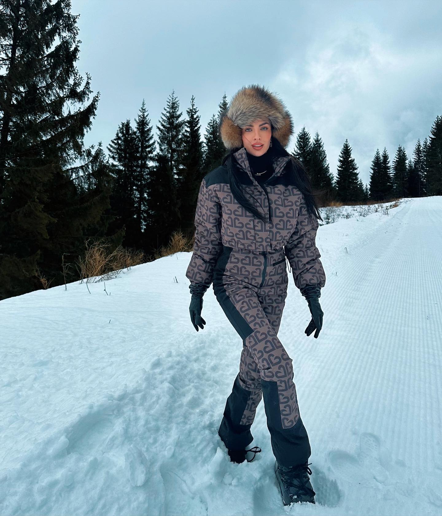 Monogrammed Ski Suit With Fur Hood And Gloves