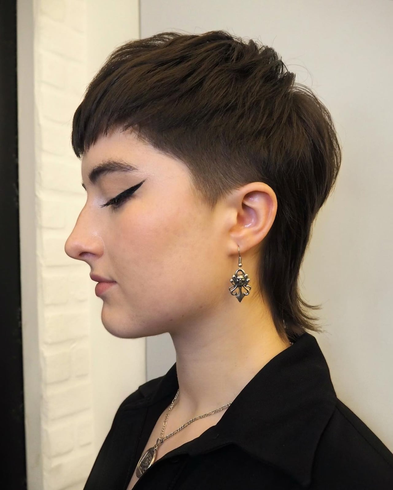 Dark Brown Mullet With Short Choppy Fringe, Ear Dark Brown Mullet With Short Choppy Fringe, Ear — Mullet Hairstyles