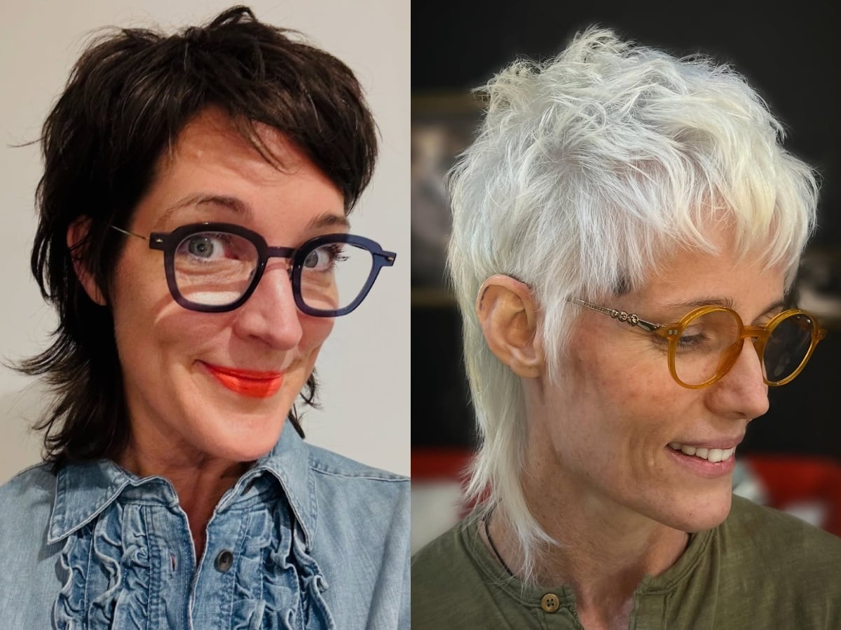Dark Brown Shoulder Mullet With Gray Highlights, Close-Up Take Dark Brown Shoulder Mullet With Gray Highlights, Close-Up Take — Mullet Hairstyles