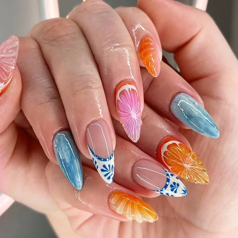 3D Fruit Slice And Pattern French Medium Almond Nails 3D Fruit Slice And Pattern French Medium Almond Nails — Nail Art