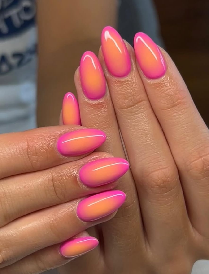 Hot Pink To Orange Gradient Medium Almond Nails Hot Pink To Orange Gradient Medium Almond Nails — Nail Art