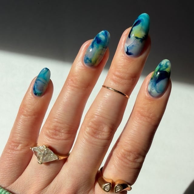 Blue Teal Yellow Abstract Marbling Medium Almond Nails Blue Teal Yellow Abstract Marbling Medium Almond Nails — Nail Art