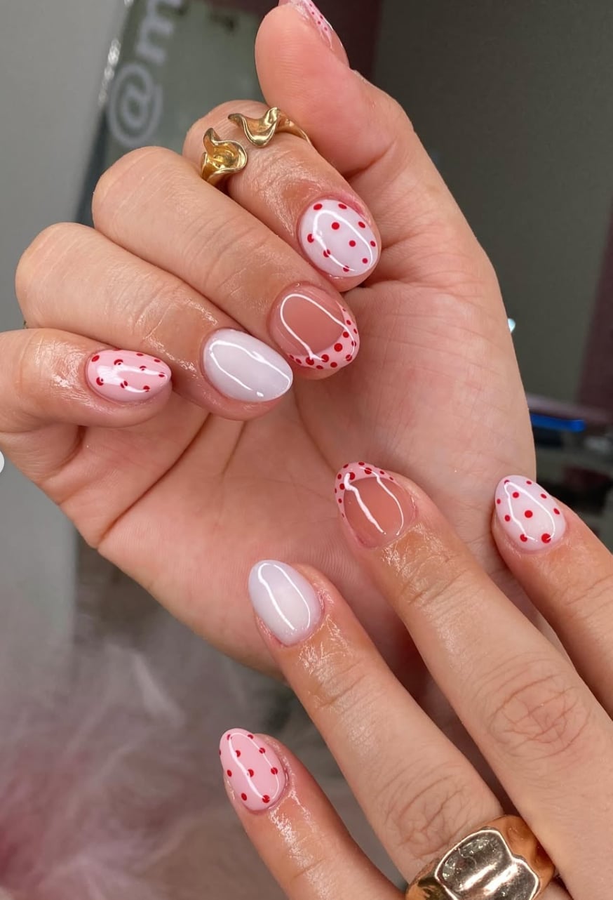 Pink With Red Polka Dot Short Oval Nails Pink With Red Polka Dot Short Oval Nails — Nail Art