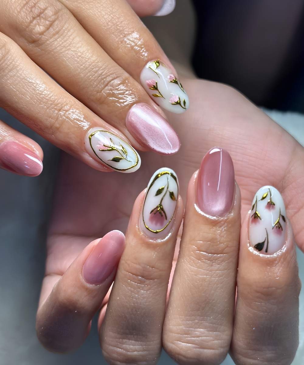Pink Cat-Eye With Floral Accents Medium Oval Nails Pink Cat-Eye With Floral Accents Medium Oval Nails — Nail Art