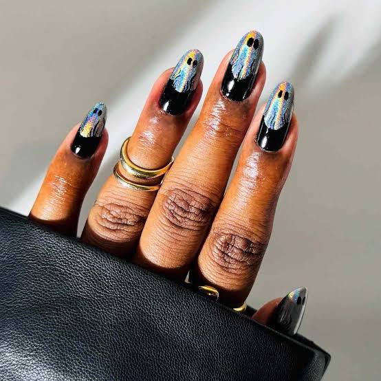 Black Holographic Ghost Medium Almond Nails Black Holographic Ghost Medium Almond Nails — Nail Art