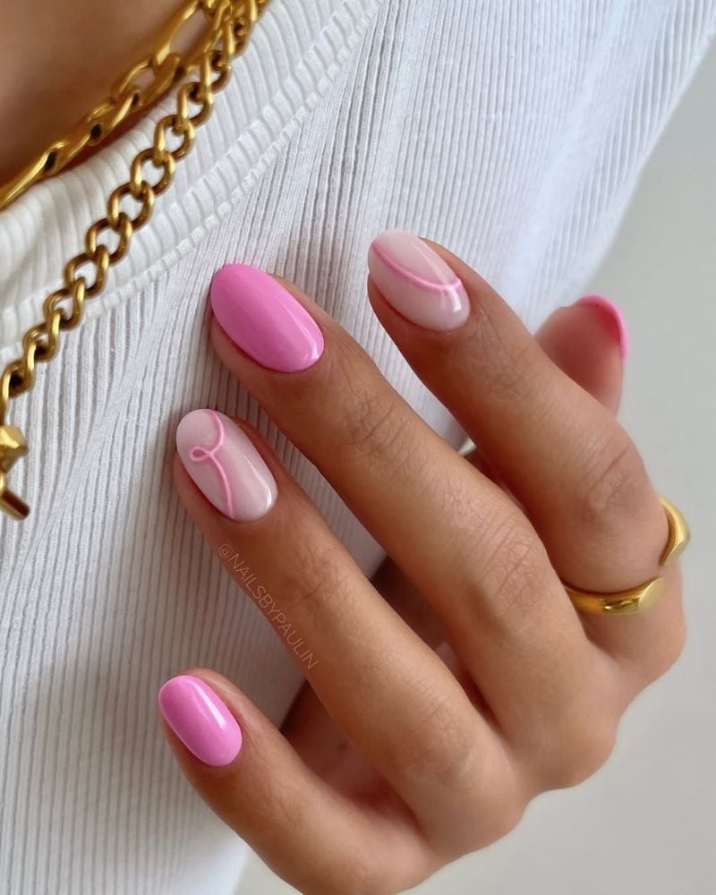 Bright Pink With Abstract Swirls Short Oval Nails Bright Pink With Abstract Swirls Short Oval Nails — Nail Art