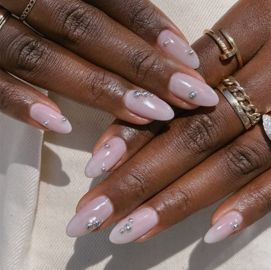 Milky Pink With Rhinestone Accents Short Almond Nails Milky Pink With Rhinestone Accents Short Almond Nails — Nail Art