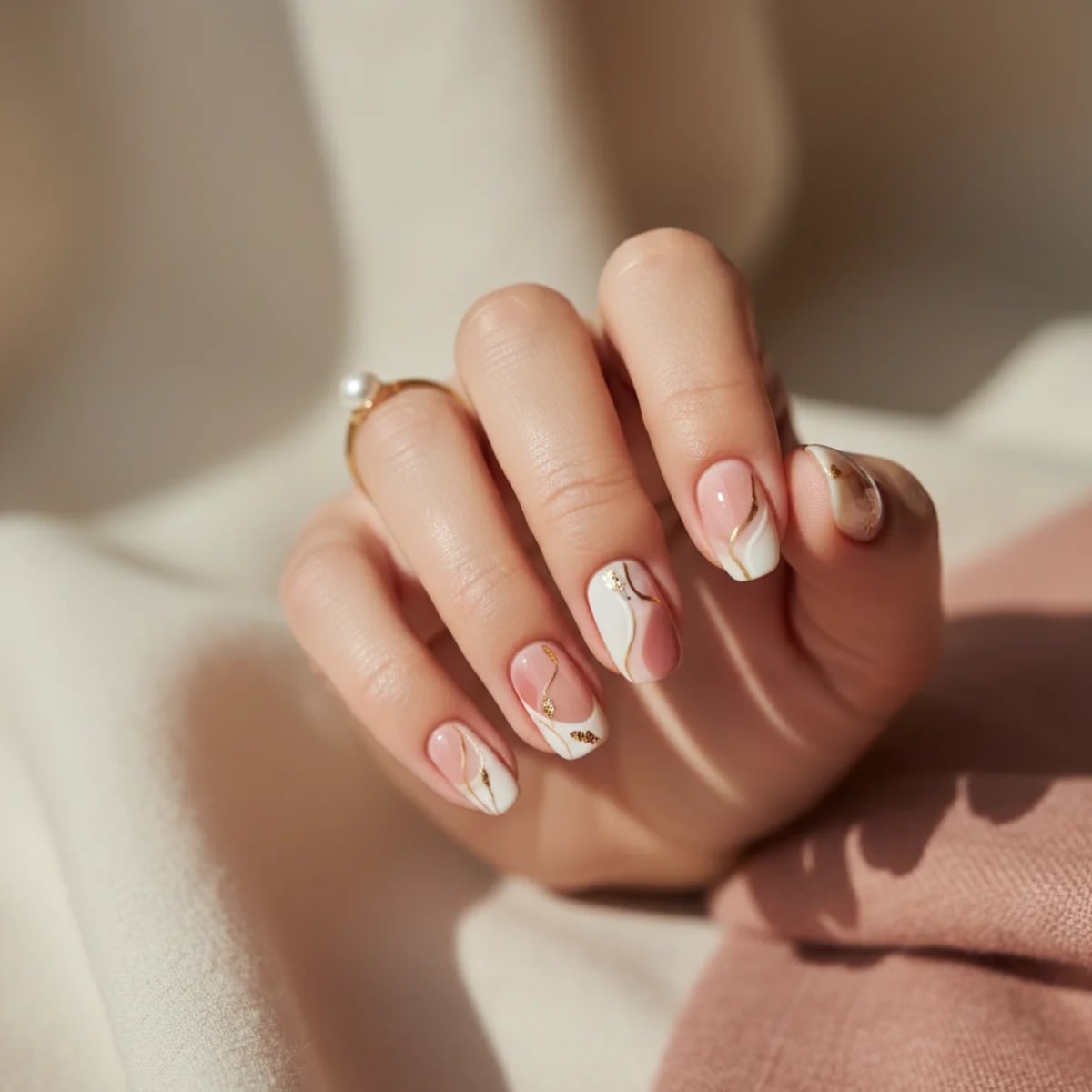 Sheer Pink Abstract Gold Lines Short Almond Nails Sheer Pink Abstract Gold Lines Short Almond Nails — Nail Art