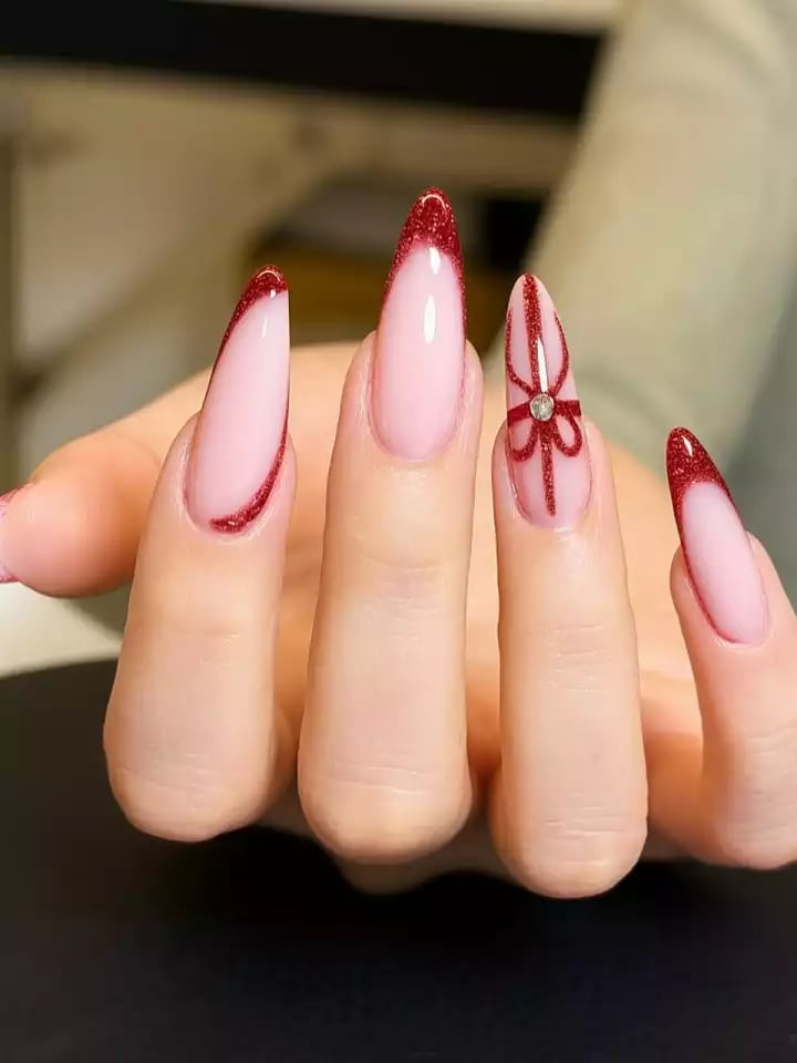 Sheer Pink Glitter French Long Almond Nails Sheer Pink Glitter French Long Almond Nails — Nail Art