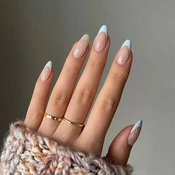 Medium Almond Light Blue French Nails Medium Almond Light Blue French Nails — Nail Shapes