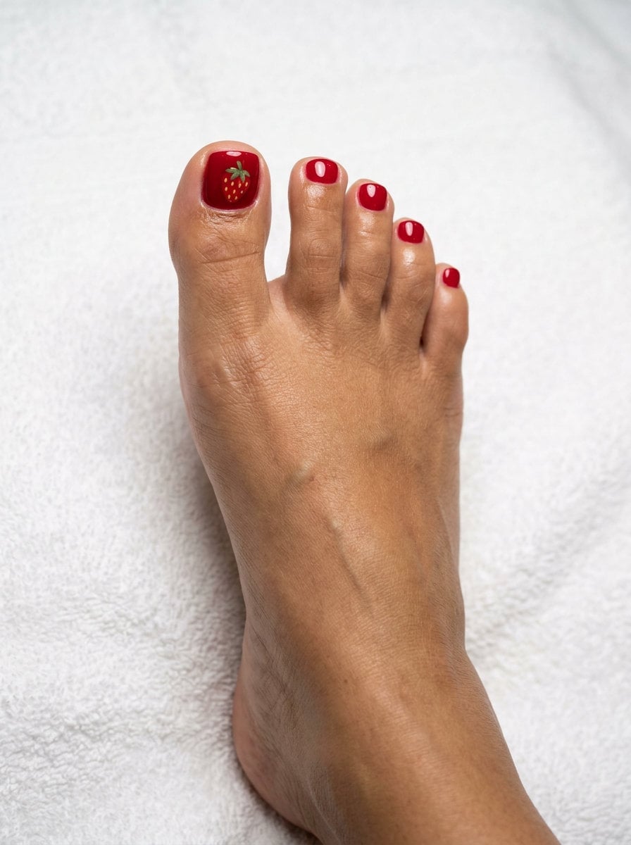 Red Strawberry Design Glossy Short Square Toenails Red Strawberry Design Glossy Short Square Toenails — Nails and Toes