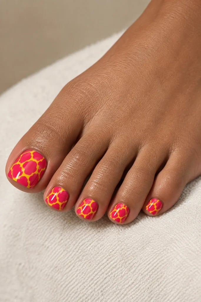 Hot Pink Yellow Animal Print Glossy Toenails, Short Square Hot Pink Yellow Animal Print Glossy Toenails, Short Square — Nails and Toes