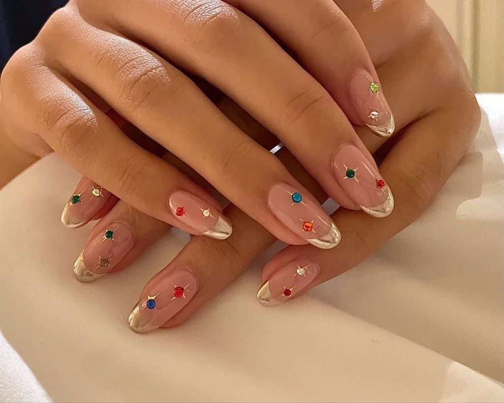 Medium Almond Nails with Nude Base and Silver French Tip Medium Almond Nails with Nude Base and Silver French Tip — Nails with Gems