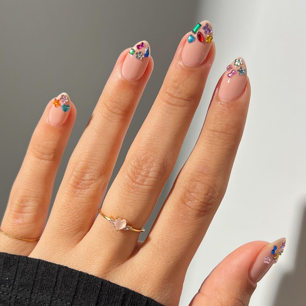 Short Almond Nails with Sheer Nude and Colorful Gems, Glossy Short Almond Nails with Sheer Nude and Colorful Gems, Glossy — Nails with Gems