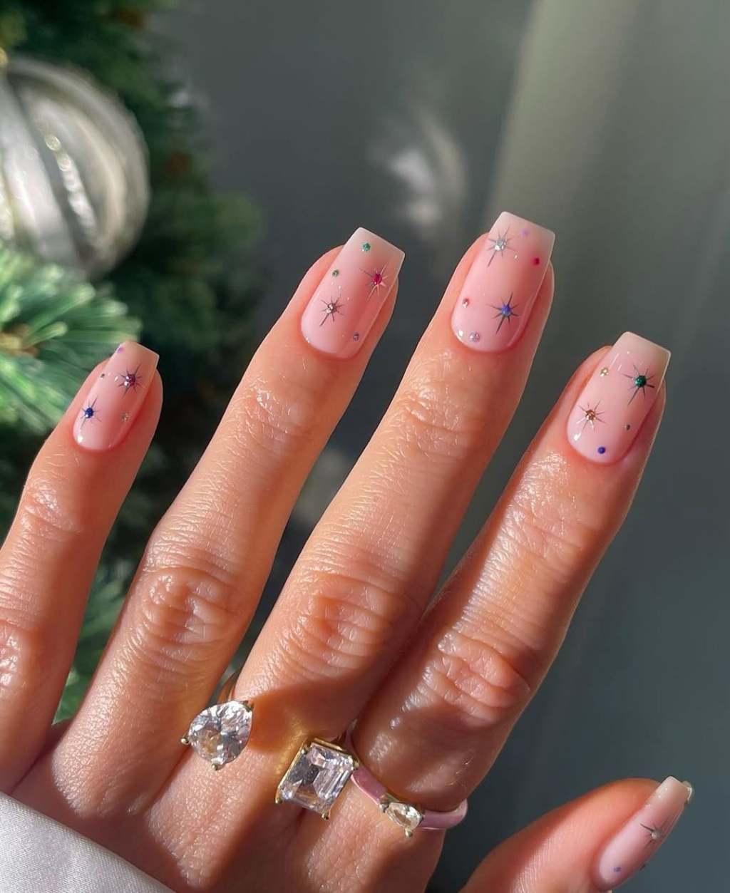 Short Square Nails with Sheer Pink and Scattered Gems Short Square Nails with Sheer Pink and Scattered Gems — Nails with Gems