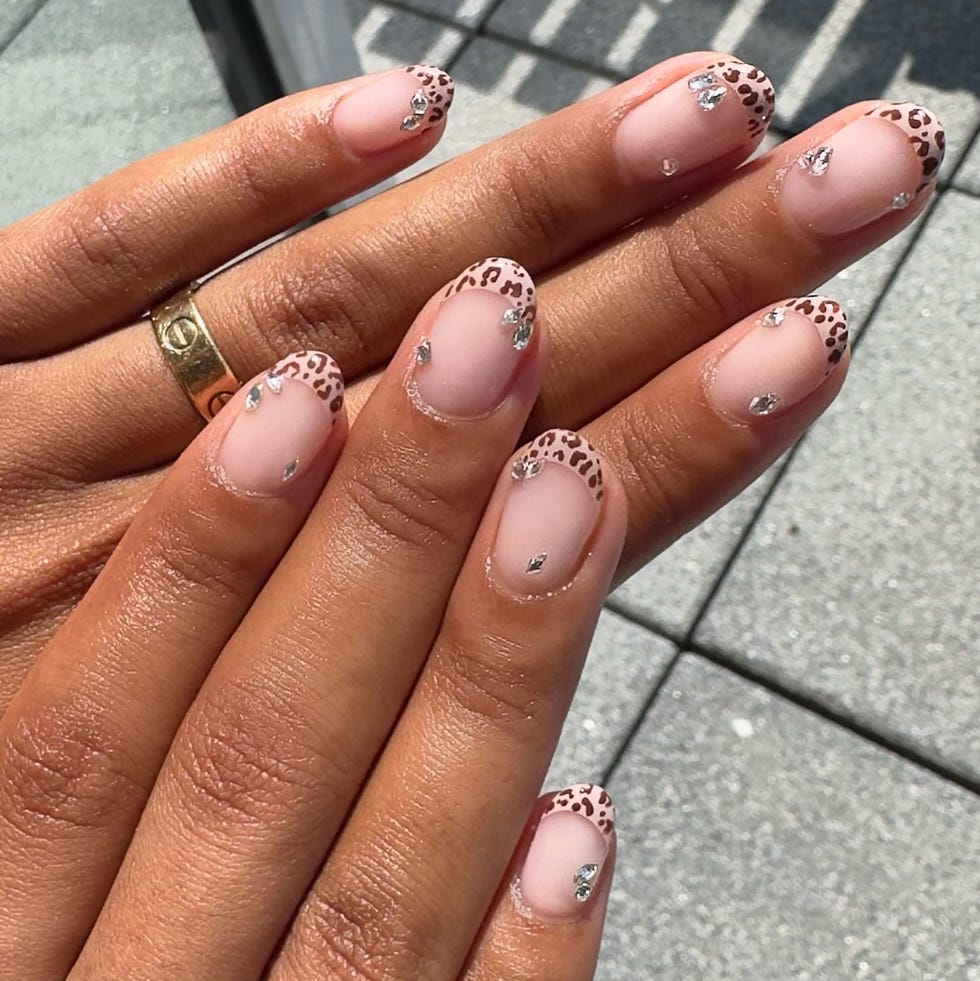 Short Square Nails with Leopard Print French Tips and Gems Short Square Nails with Leopard Print French Tips and Gems — Nails with Gems