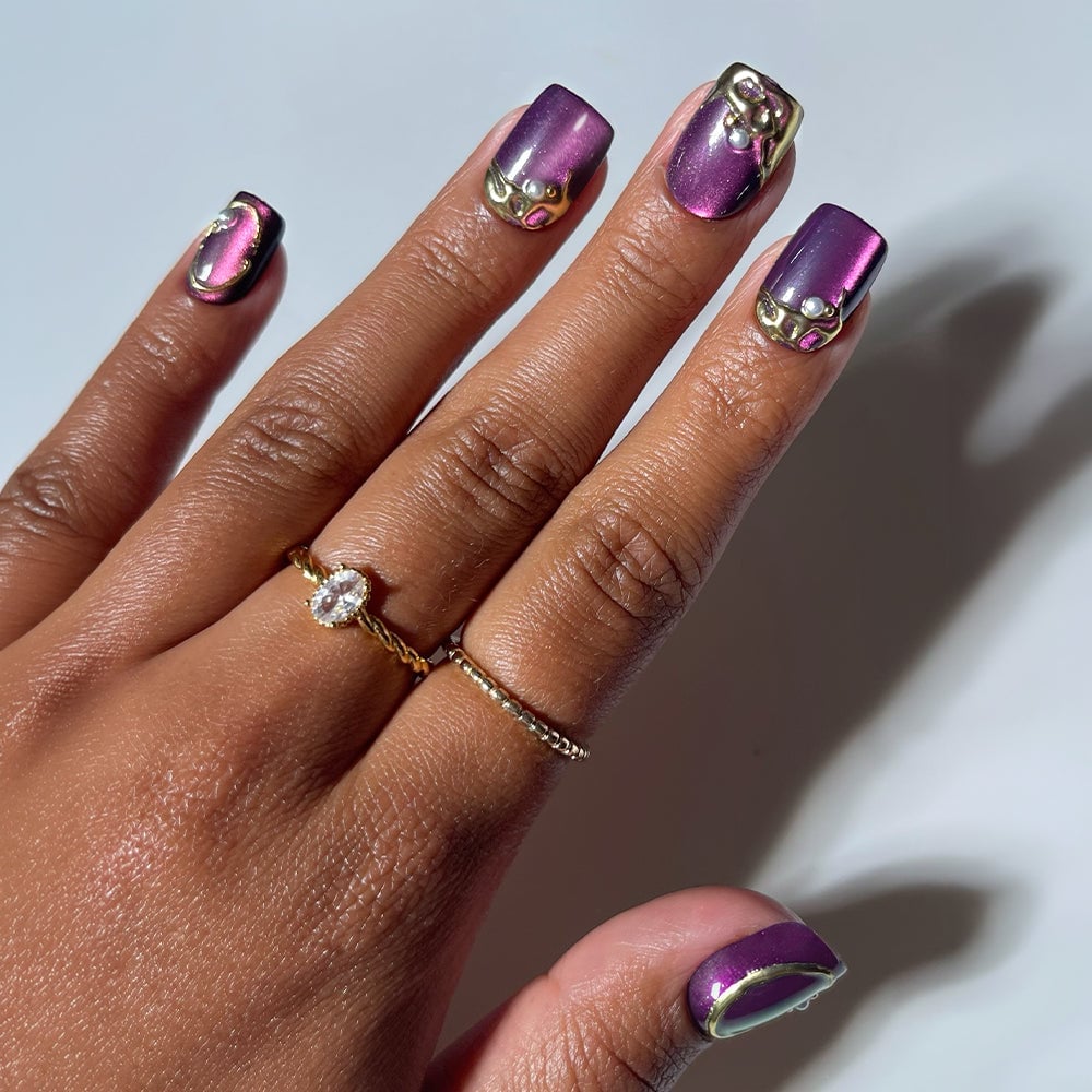 Medium Square Nails with Purple Cat-Eye and Pearl Accents Medium Square Nails with Purple Cat-Eye and Pearl Accents — Nails with Gems