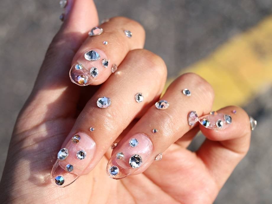 Long Almond Nails with Scattered Rhinestone Embellishments Long Almond Nails with Scattered Rhinestone Embellishments — Nails with Gems