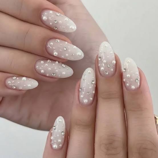 Medium Almond Nails with White Ombre and Pearl Accents Medium Almond Nails with White Ombre and Pearl Accents — Nails with Gems