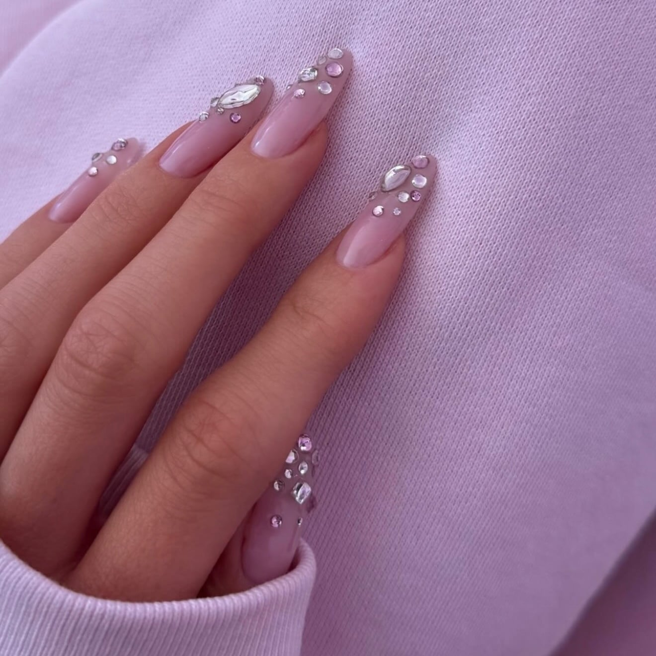 Long Almond Nails with Milky Pink and Gem Embellishments Long Almond Nails with Milky Pink and Gem Embellishments — Nails with Gems