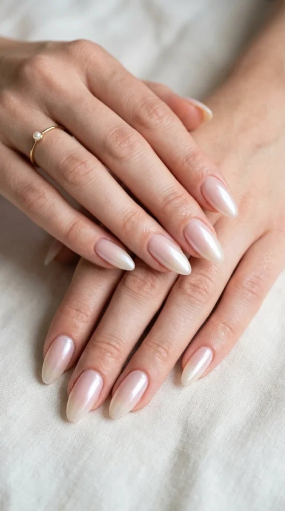 Iridescent Shimmer Milky Pink Medium Almond Nails Iridescent Shimmer Milky Pink Medium Almond Nails — Natural Nails