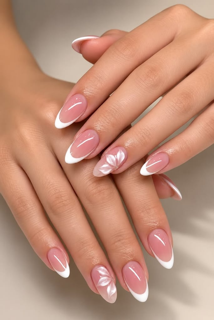 French Tip Floral Accent Medium Almond Nails French Tip Floral Accent Medium Almond Nails — Natural Nails