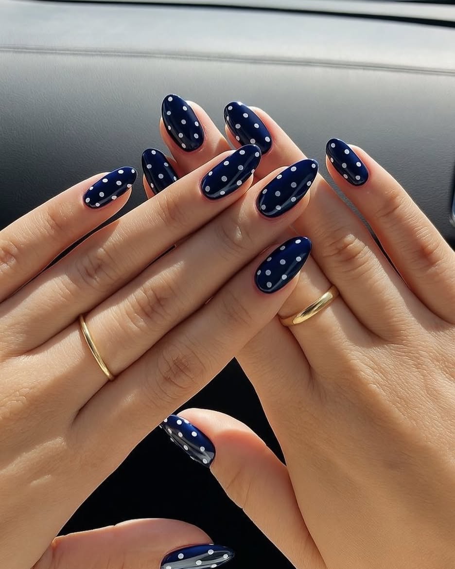 Navy Blue and White Polka Dot Almond Nails