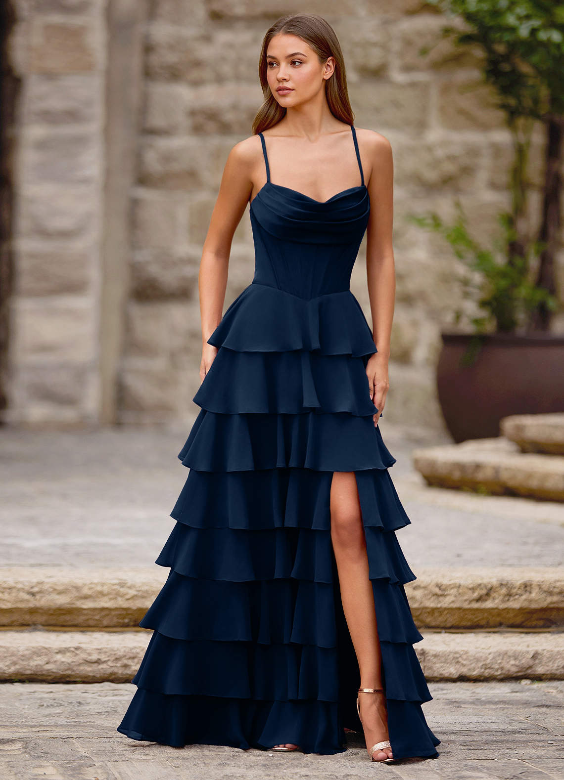 Navy blue ruffled prom dress with cowl neck and tiered skirt Navy blue ruffled prom dress with cowl neck and tiered skirt — Navy Blue Dress