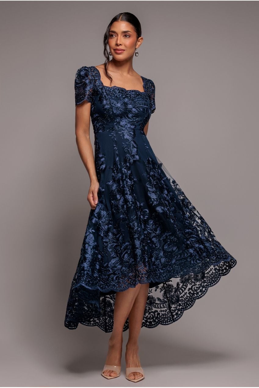 Navy blue lace overlay midi dress with puff sleeves Navy blue lace overlay midi dress with puff sleeves — Navy Blue Dress