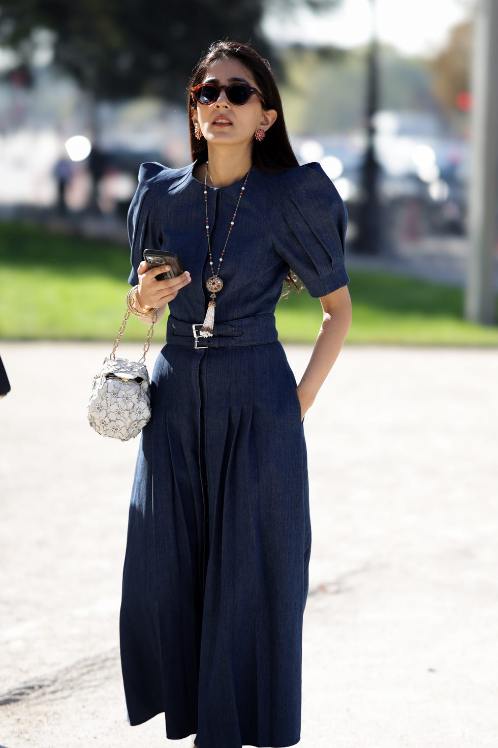 Belted navy blue denim midi dress with puff sleeves Belted navy blue denim midi dress with puff sleeves — Navy Blue Dress