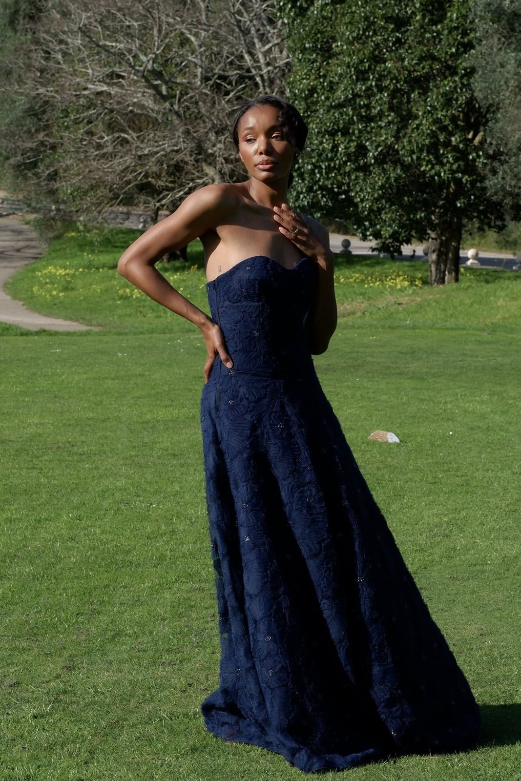 Navy blue textured lace ballgown with strapless neckline Navy blue textured lace ballgown with strapless neckline — Navy Blue Dress