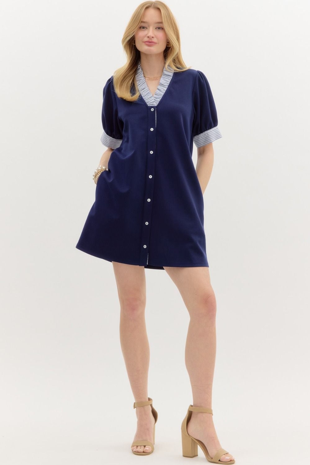 Navy blue puff sleeve mini dress with contrast cuffs Navy blue puff sleeve mini dress with contrast cuffs — Navy Blue Dress