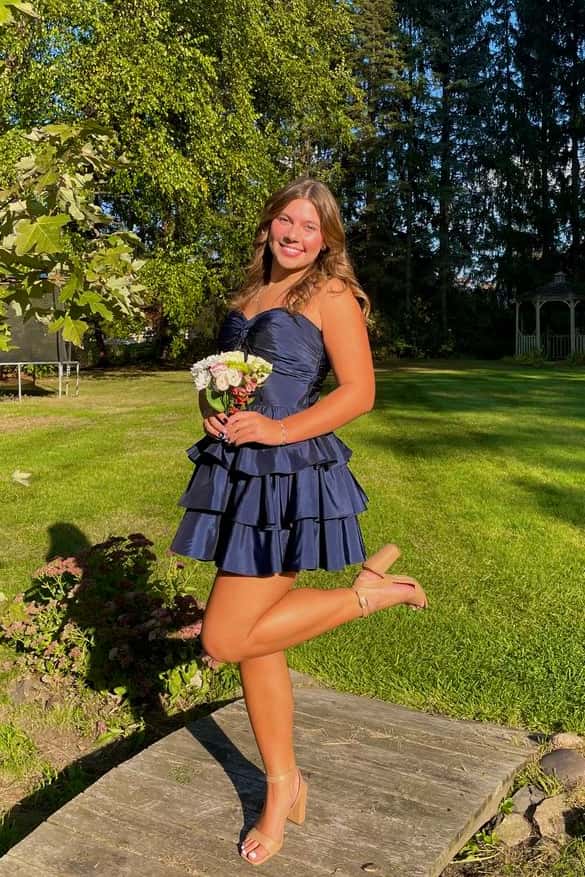 Navy blue strapless short dress with tiered ruffled skirt Navy blue strapless short dress with tiered ruffled skirt — Navy Blue Dress