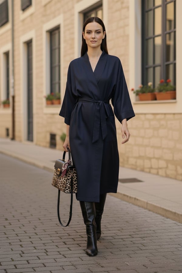 Navy blue wrap dress with leopard print handbag Navy blue wrap dress with leopard print handbag — Navy Blue Dress