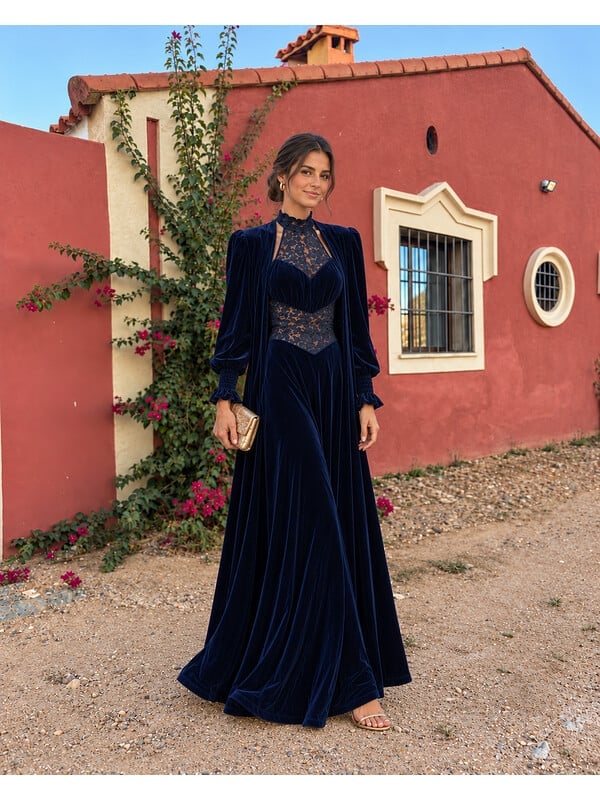 Navy blue velvet dress with lace bodice and matching coat Navy blue velvet dress with lace bodice and matching coat — Navy Blue Dress