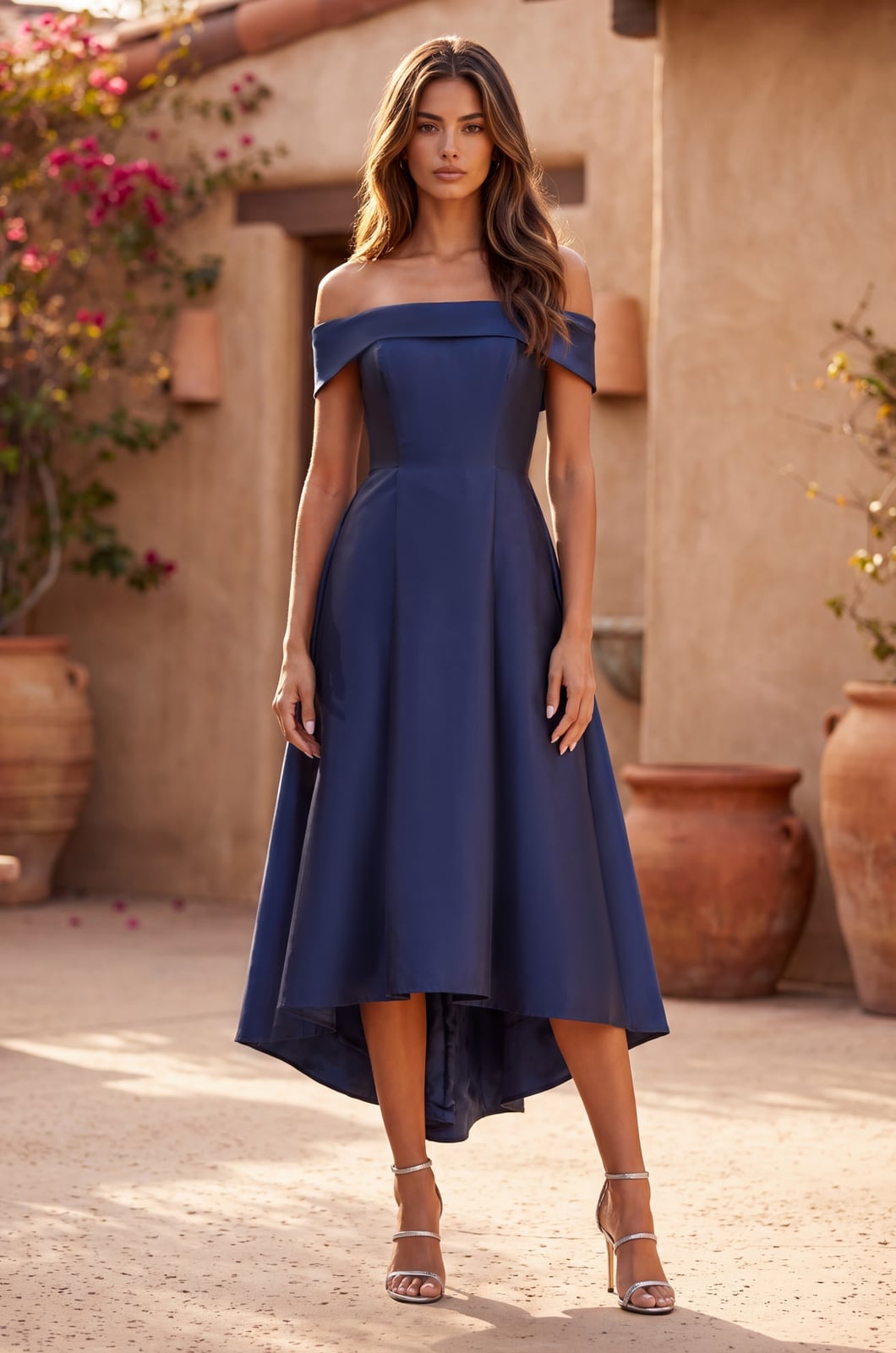 Navy blue off-shoulder satin dress with hi-low hem Navy blue off-shoulder satin dress with hi-low hem — Navy Blue Dress
