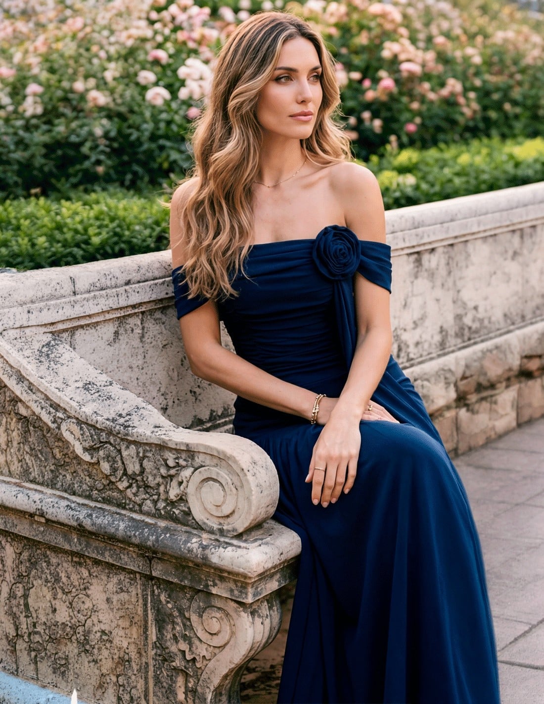 Navy blue column gown with flower neckline detail Navy blue column gown with flower neckline detail — Navy Blue Dress