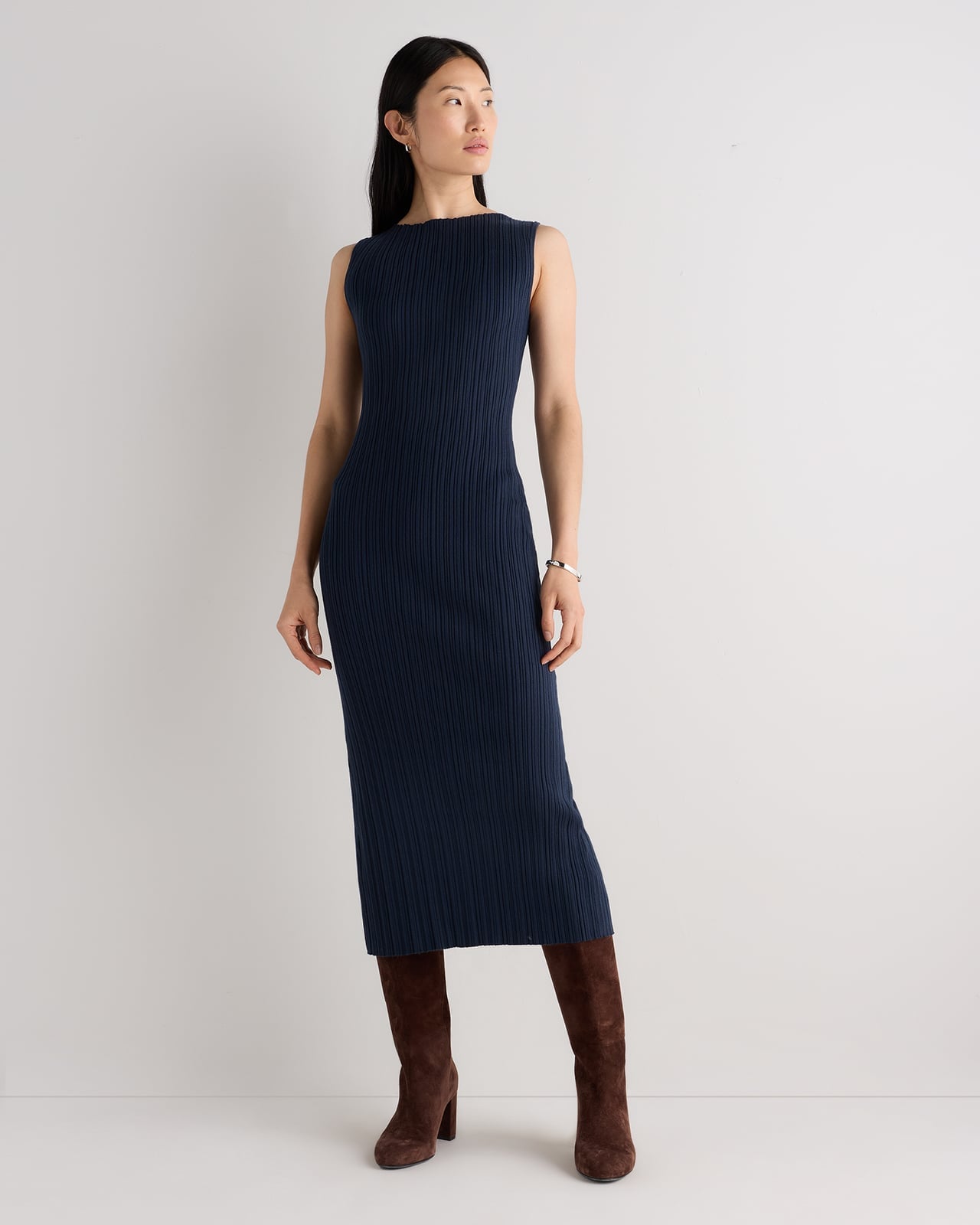 Navy blue ribbed knit midi dress with boat neckline Navy blue ribbed knit midi dress with boat neckline — Navy Blue Dress