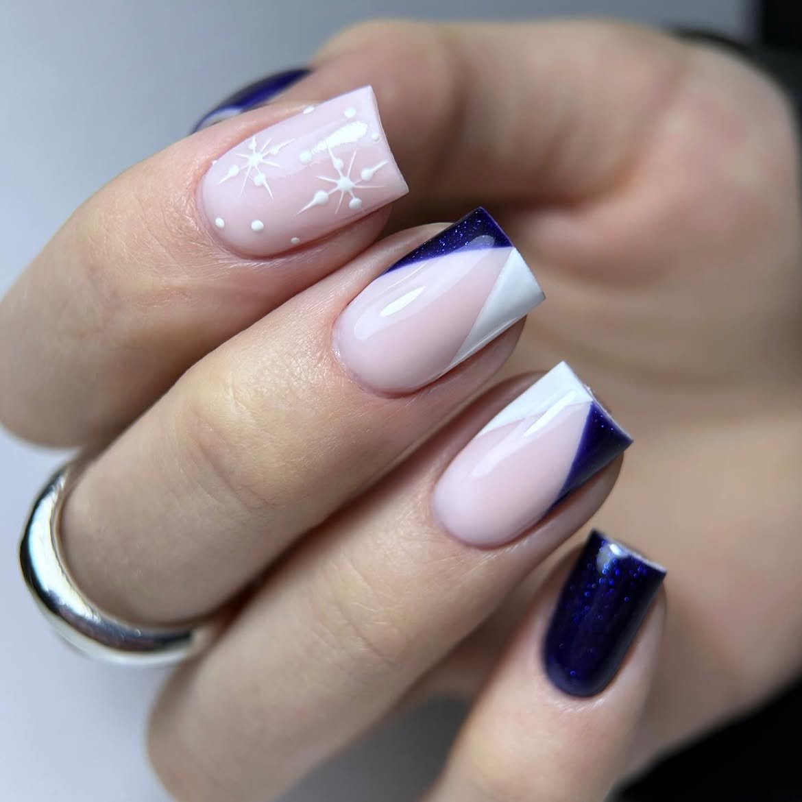 Navy Blue Geometric French Winter Nails